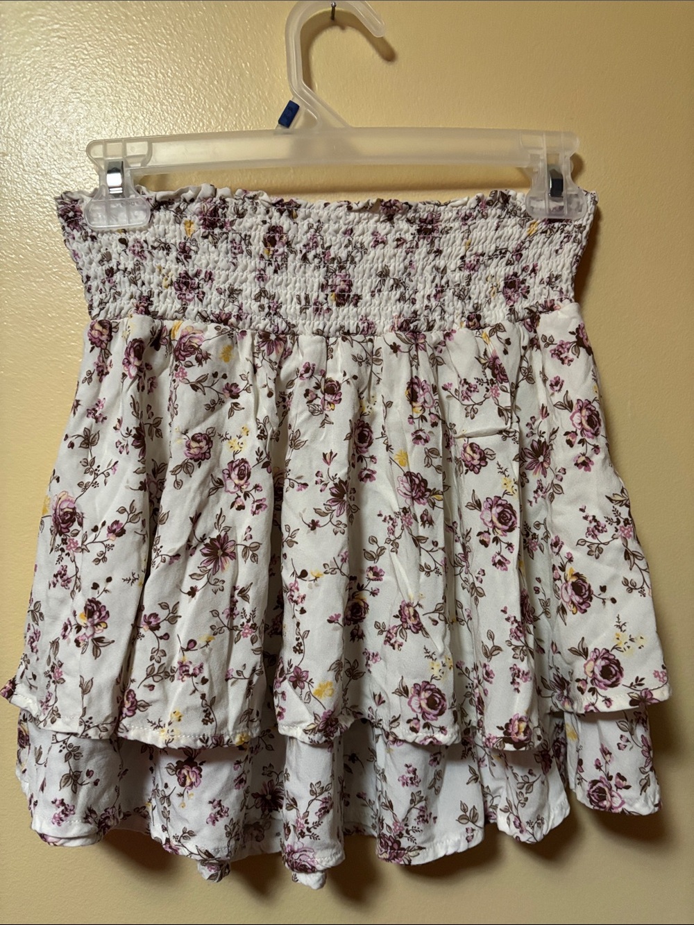 Floral Smocked Tiered Mini Skirt - White with Purple Floral - Picture 3 of 6
